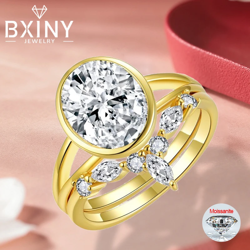 

BXINY 8*10 мм штабелируемые кольца с муассанитом овальной огранки S925, серебро 18 карат, позолоченные для женщин, наборы колец, обручальное кольцо, подарки, ювелирные украшения