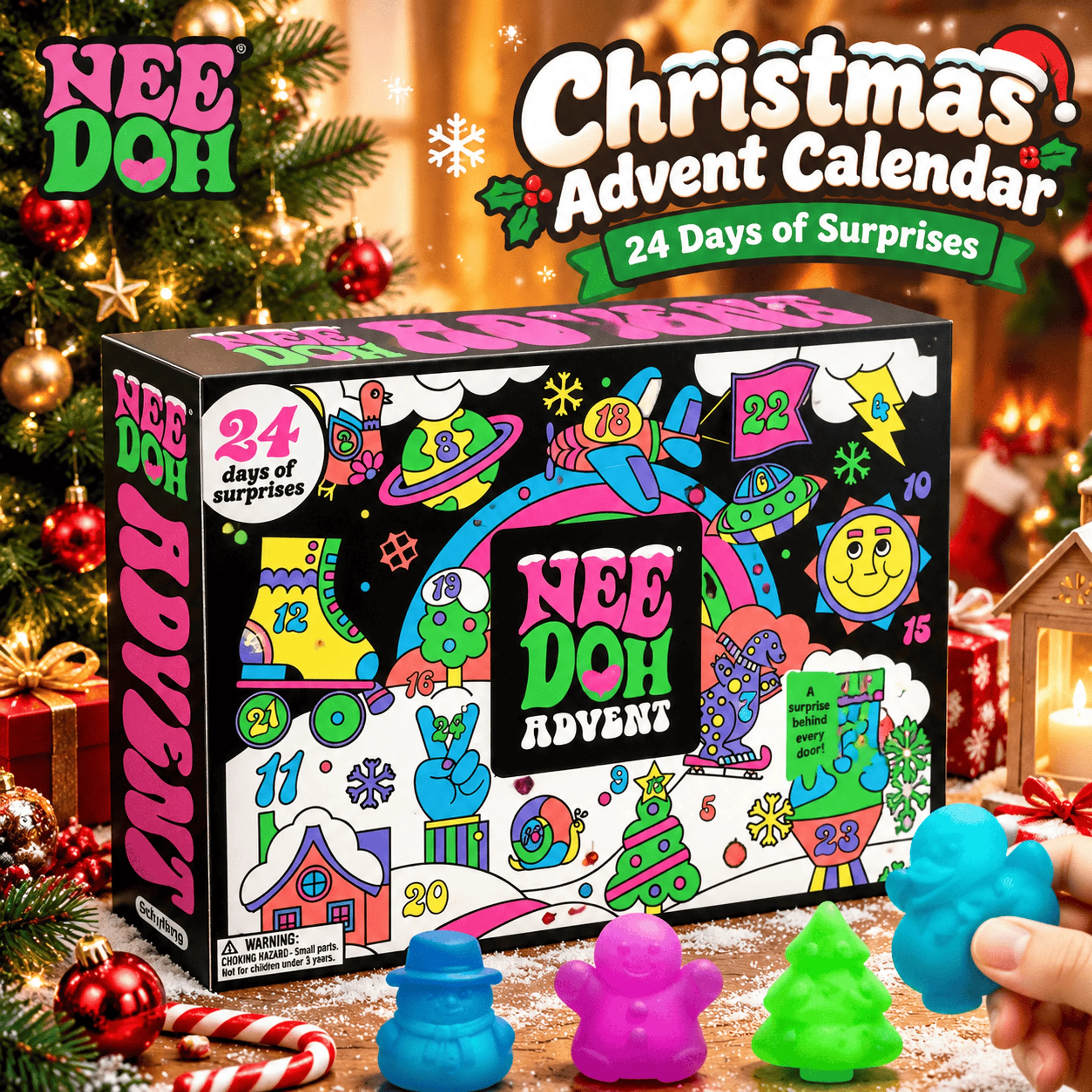NeeDoh 2026 Christmas Advent Calendar 3D PVC Fidget Doll 24 Day Countdown Surprise Box Stress Relief Squeeze Fidget Toy