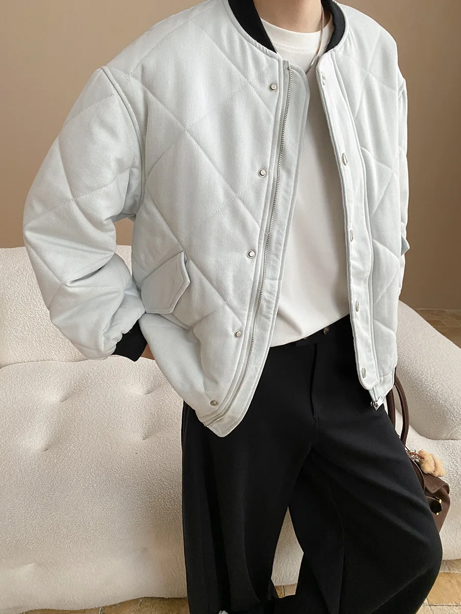 

Diamond Stitching Quilted Color-block Baseball Collar Loose Cotton Jacket