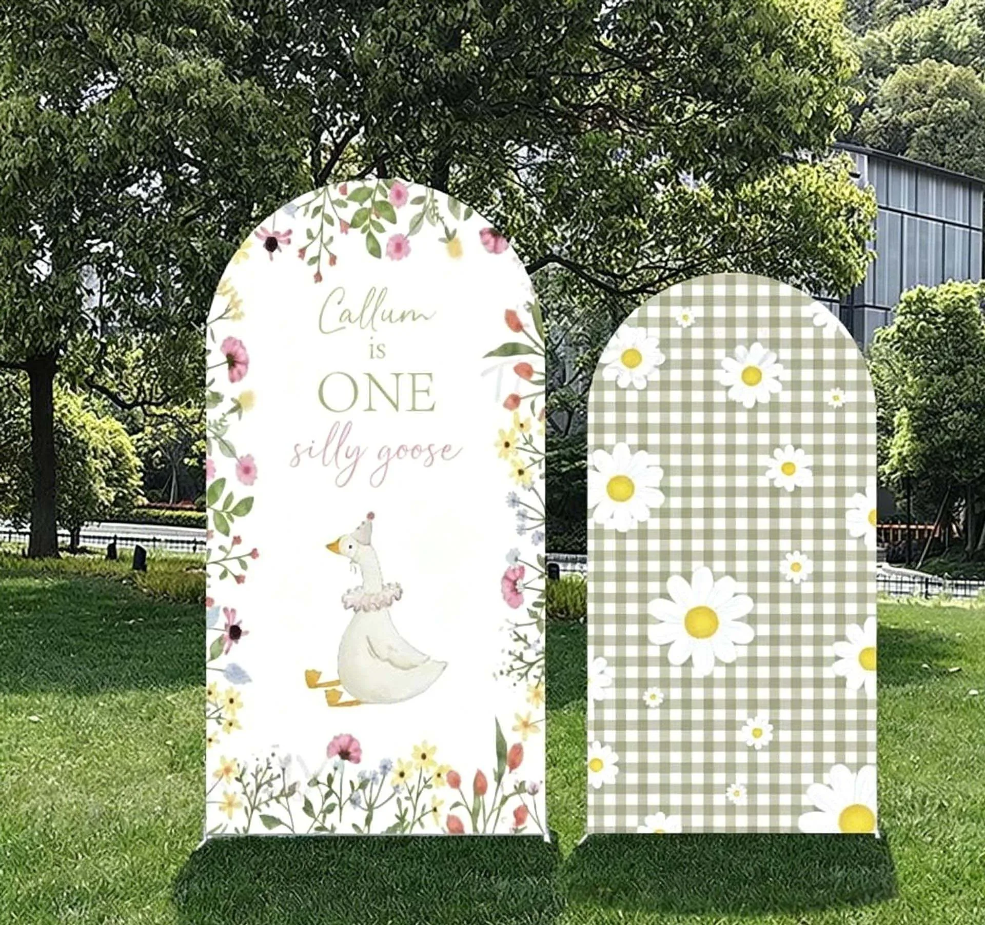 Custom 2-Side One Silly Goose Baby Shower Arch Backdrop Cover Flowers Green Squares  Birthday Party Decor Backdrop Photo