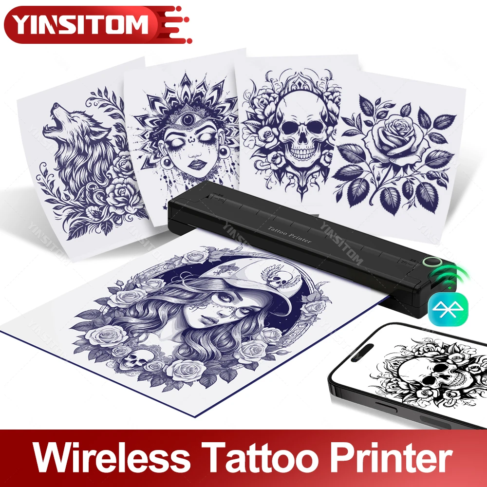 YINSITOM Tattoo Stencil Printer A4 Thermal Wireless Transfer Kit Machine with Transfer Paper Compatible with Smartphone & PC