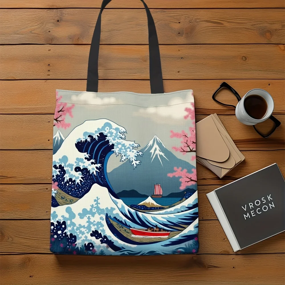 1pc Ukiyo E Inspired Polyester Tote Bag Great Wave Off Kanagawa Pink Floral Design Durable Rectangular Shopping Bag