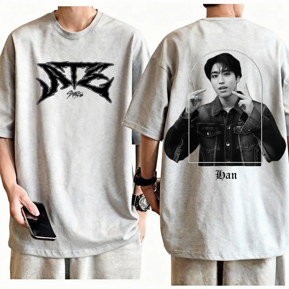 2026 Unisex Stray Kids ATE Han Double Sided T-Shirt 100% Cotton Crew Neck Short Sleeve Oversized K-Pop Casual Graphic Tee