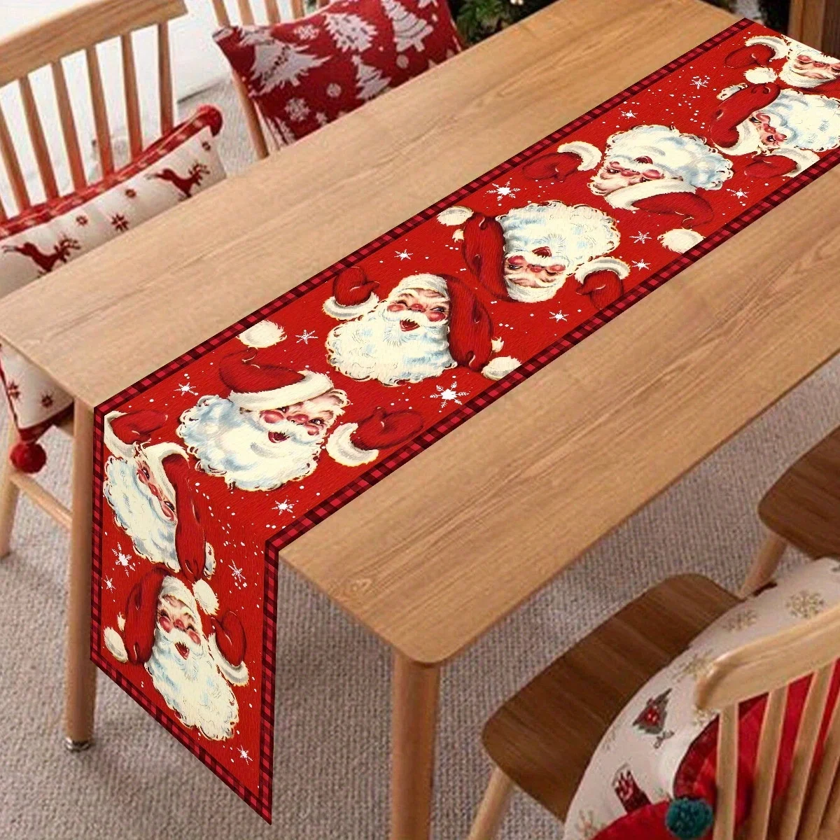 1pc Merry Christmas Table Cover Santa Claus Tablecloth, White And Black Buffalo Check Design Table Runner