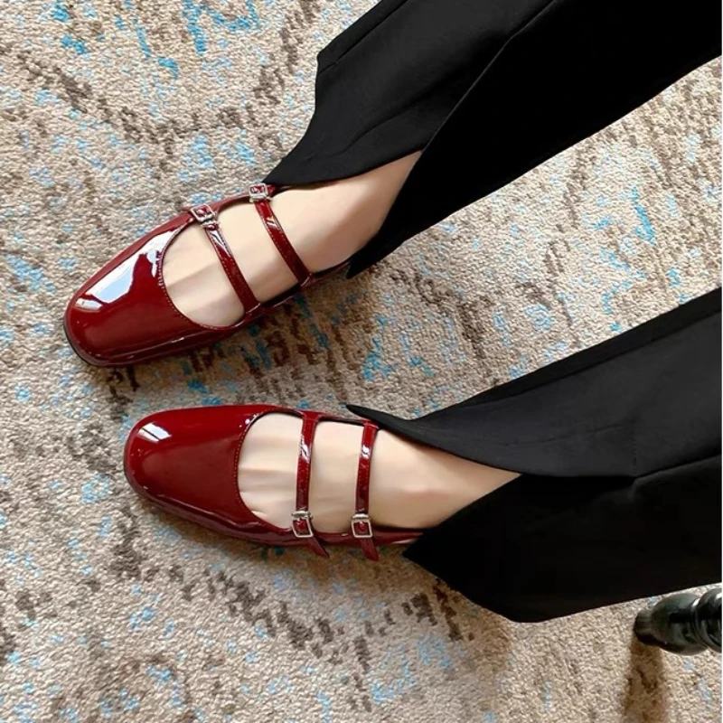 Women Flats Silver Mary Jane Sandals Female Summer New Leather Mary Jane Strap Fashion Square Toe Shallow Elegant Flats Pumps