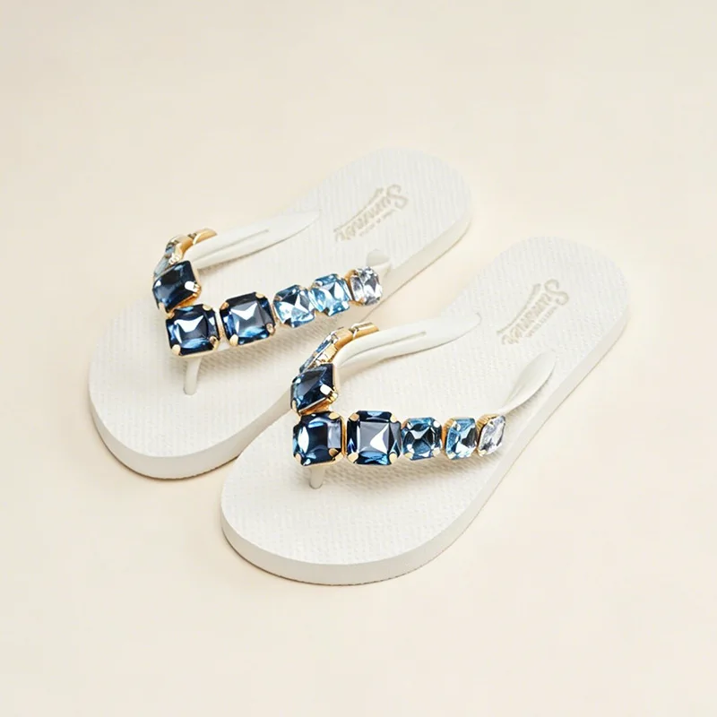 Women's Flip Flops Summer Square Blue Diamond Slope Heel Flip Flops Women's Fashion Toe Non Slip Beach Slippers Women's Sandals