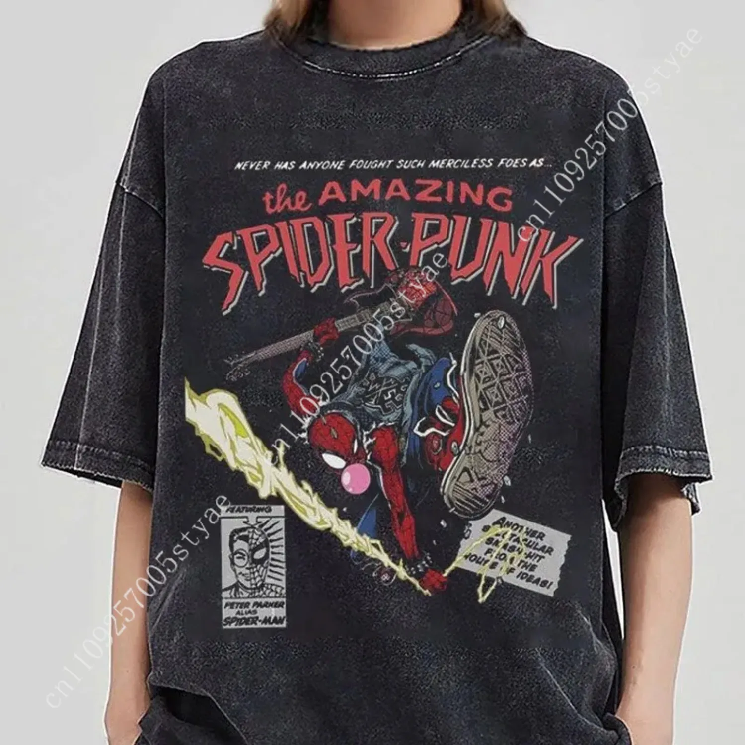 

2026 New Spider-Man Cartoon Anime Collaboration American Street Washed Vintage Short-Sleeved T-Shirt