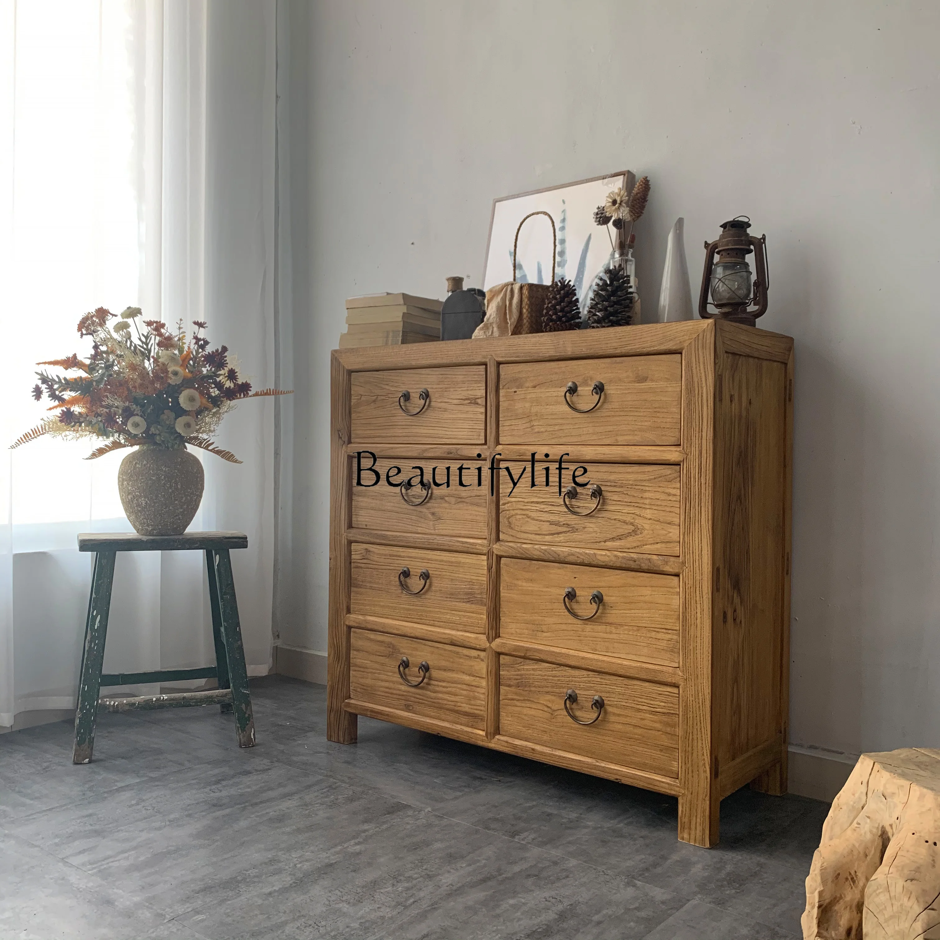 

Elm Wood Eight Bucket Sideboard Cabinet Bedroom Living Room Solid Wood Storage Locker Simple Retro Cabinet