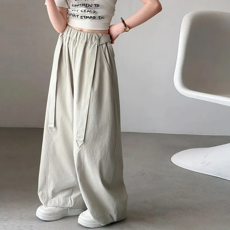 Casual Loose Kids Girls Summer Ice Feel Quick Dry Strap Decor Wide Leg Balloon Pants For Teenagers