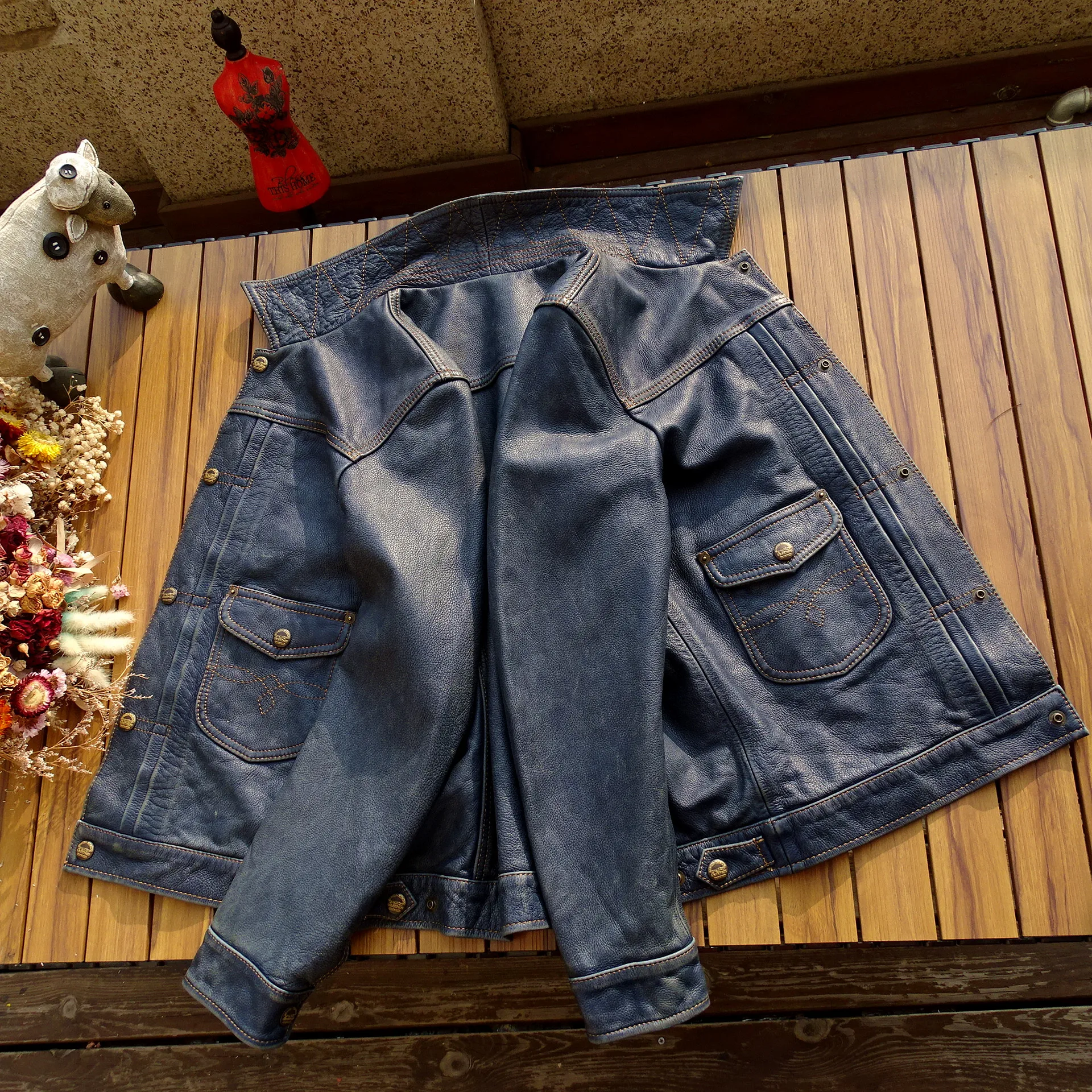 عملية جديدة [مطحنة حجرية مغسولة لصنع القديم] لينة شمعية البنغال النيلي الشاي الأساسية جلد العجل حقيبة أمريكية زهرة الدنيم