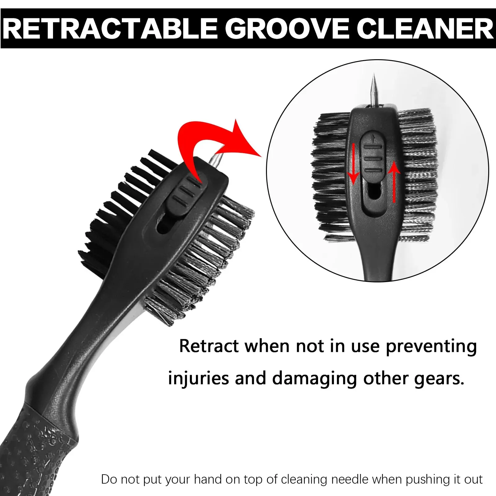 Golf Club Cleaner Brush Oversized Head with Retractable Zip-Line Clip,Double Sided Brush with Spike for Cleaning Groove Shoes