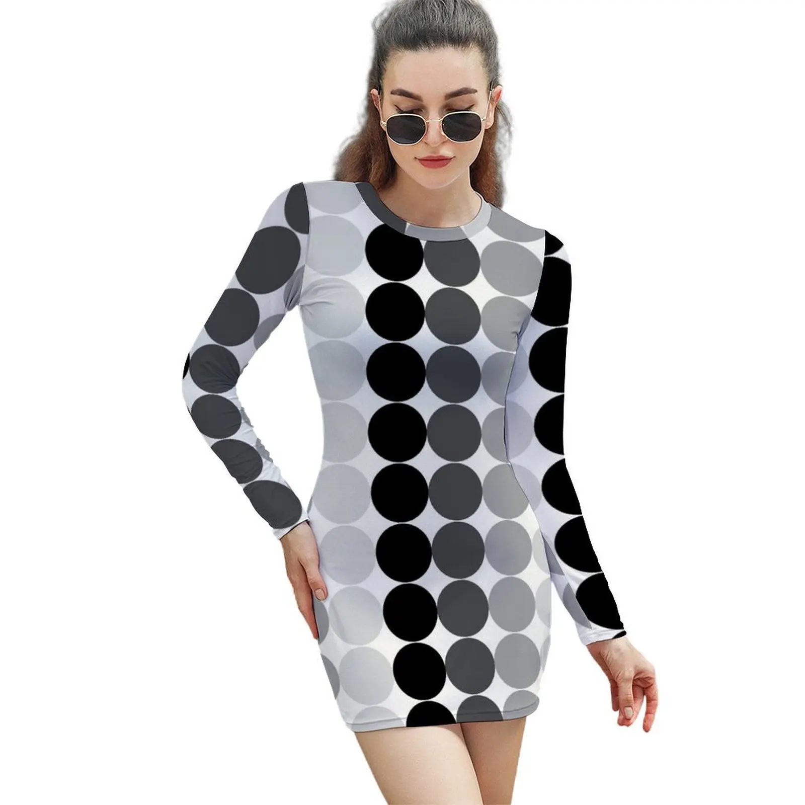 

Monochrome Circles Black and white modern Long-Sleeved Sheath Dress women long dresses luxury woman evening dress