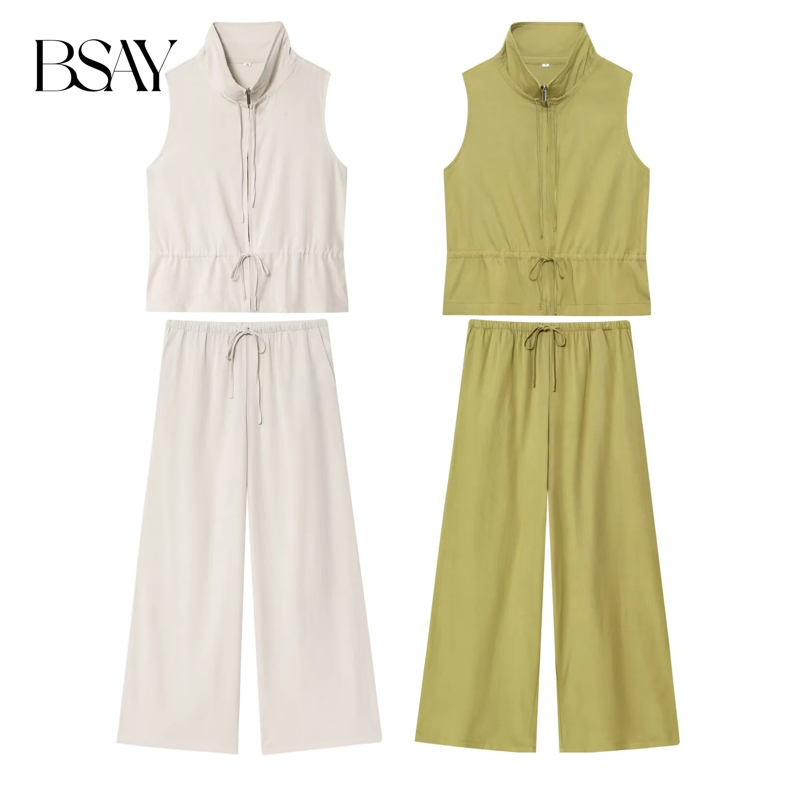 BSAY solid color loose summer 2025 new adjustable hanging  vest top or hanging mid waist wide leg pants