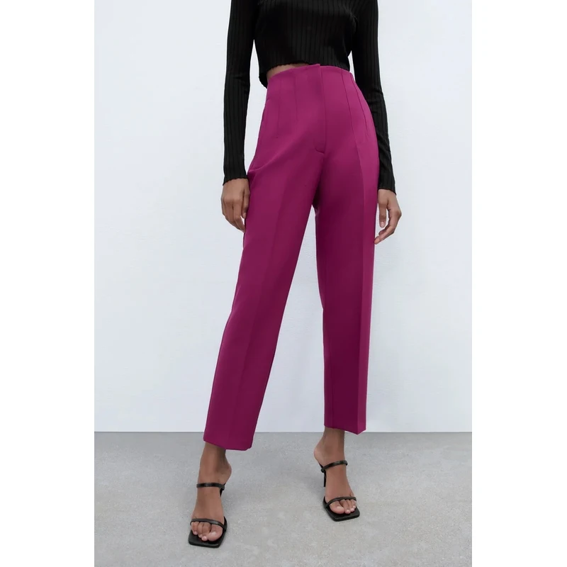 Pantalones adelgazantes plisados hasta el tobillo informales de cintura alta para mujer, pantalones de pierna recta para ir al trabajo, fibra de poliéster 00%