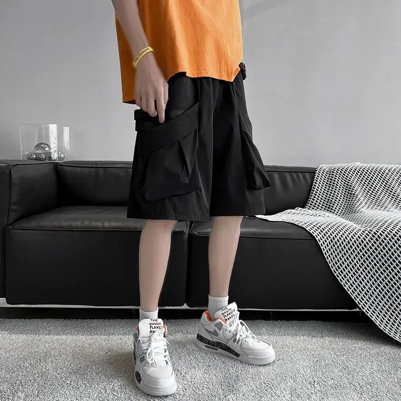 

Однотонные мужские шорты-карго с эластичной резинкой на талии, короткие брюки для мужчин, длинные свободные брюки с завязками, широкие полумешковатые карманы, бермуды, роскошные Y2k