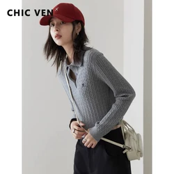 CHIC VEN swetry damskie styl Preppy z klapami haftowany sweter damski sweter z długim rękawem swetry wiosna jesień 2024