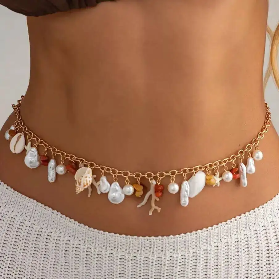 KunJoe Boho Starfish Conch Waist Chain Women Summer Beach Sexy Exquisite Imitation Pearl Belly Bikini Chains Party Body Jewelry