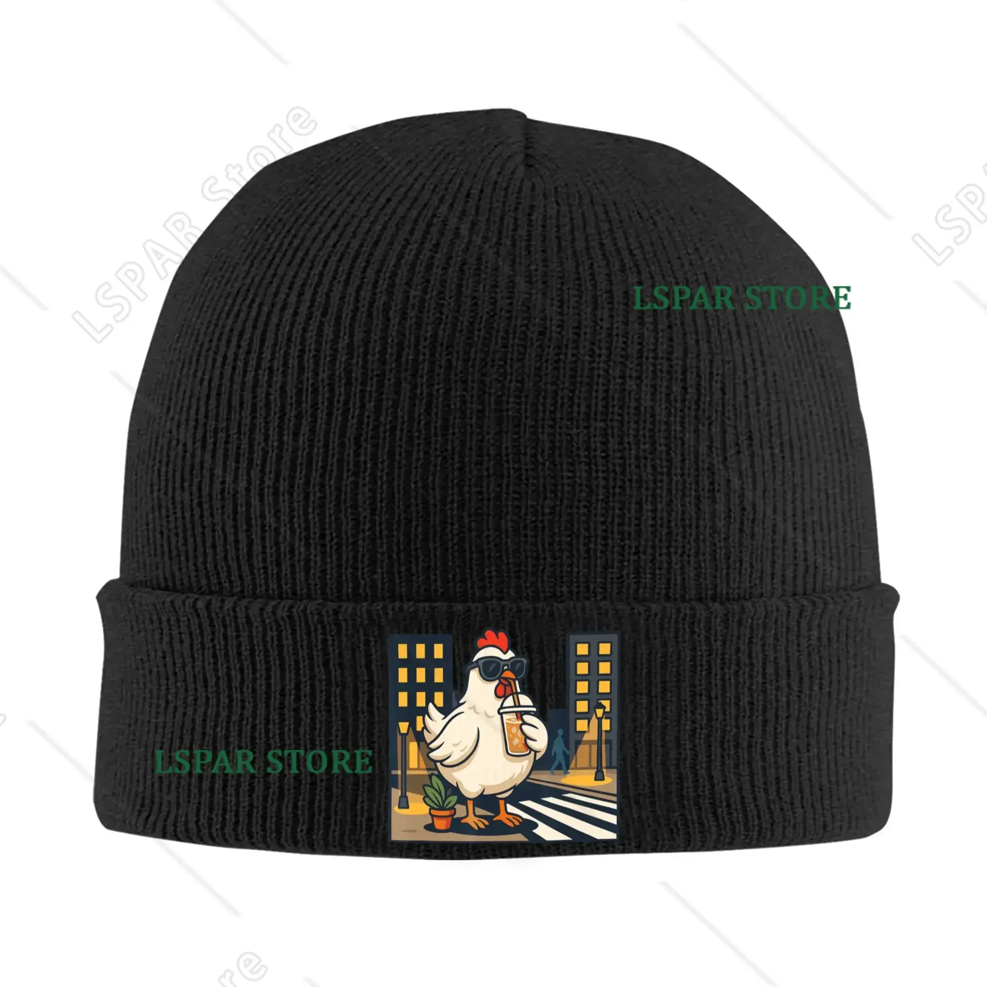 I Love iced Coffee and This Cool Hen in the Night City Knit Hat Casual Caps Men Women Beanie Hats Winter Elastic Bonnet Hats
