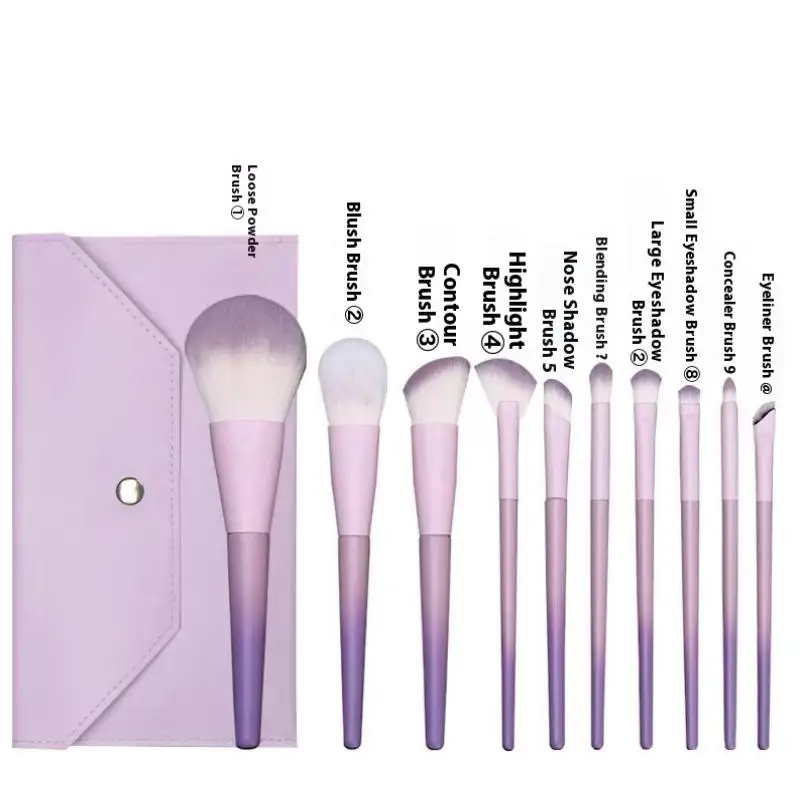 Set di pennelli per trucco viola da 10 pezzi, pennello per ombretto in polvere sciolta, set completo di pennelli per correttore per strumenti di bellezza