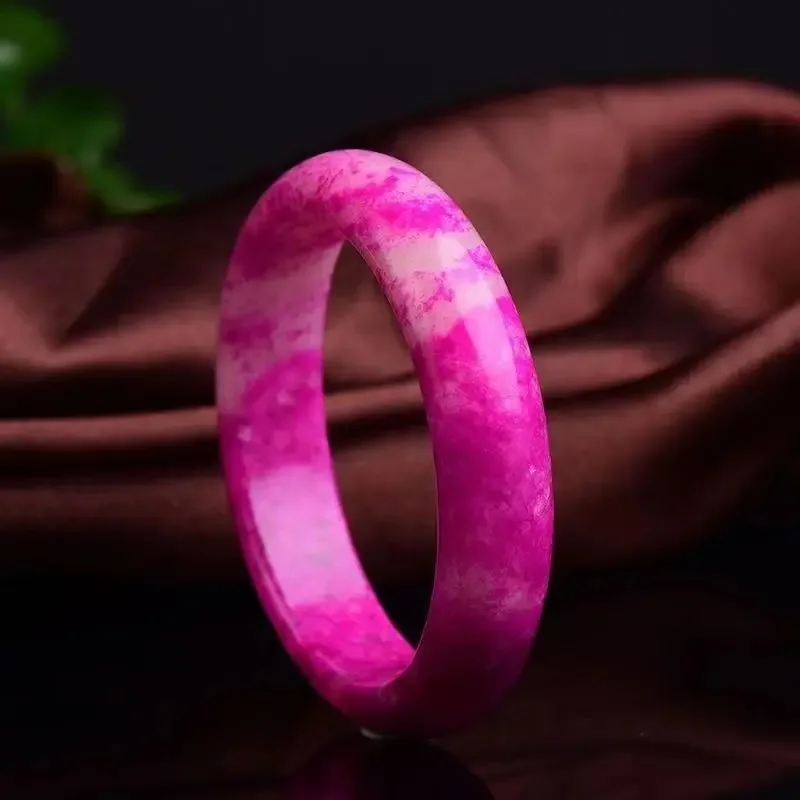 Chinese Natural Peach Blossom Red Hand Carved Wide Bar Jade Bracelet Fashion Boutique Jewelry Women's Fashion South Bracelet