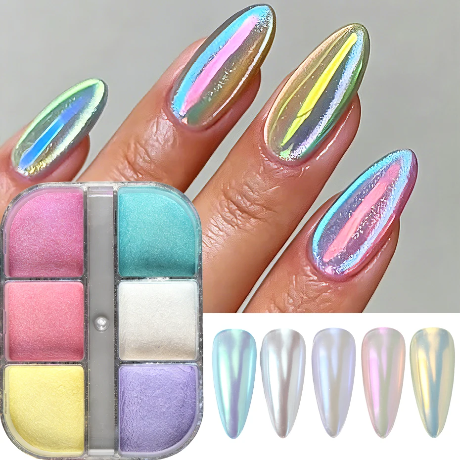 6 Colors Aurora Chrome Nail Powder Iridescent Mirror Pigment Metallic Mermaid Nail Art Dust for Gel Polish Manicure Decorations