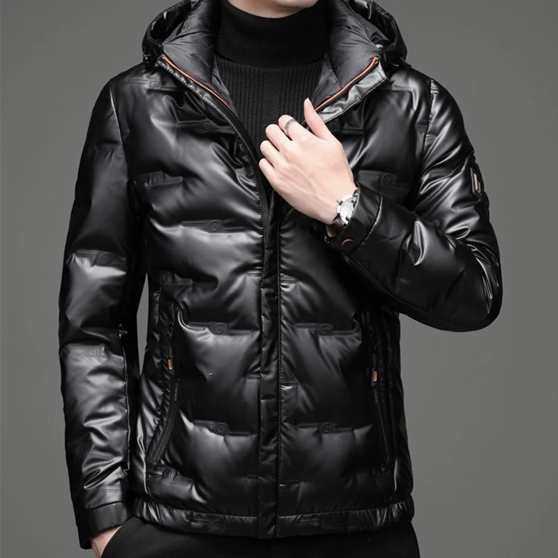 TOP Winter Men\'s Casual Bright Warm Hooded 90% White Duck Down Jackets Outwear Solid Loose Puffer Coats Windproof Down Clothing