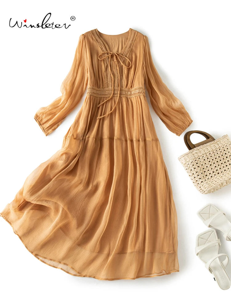 

Winsleter-100% Silk Elegant Dress, Long Sleeve V Neck Lace-up, Women French Beach Vacation Fairy Dresses, 2026 Summer D64644CC