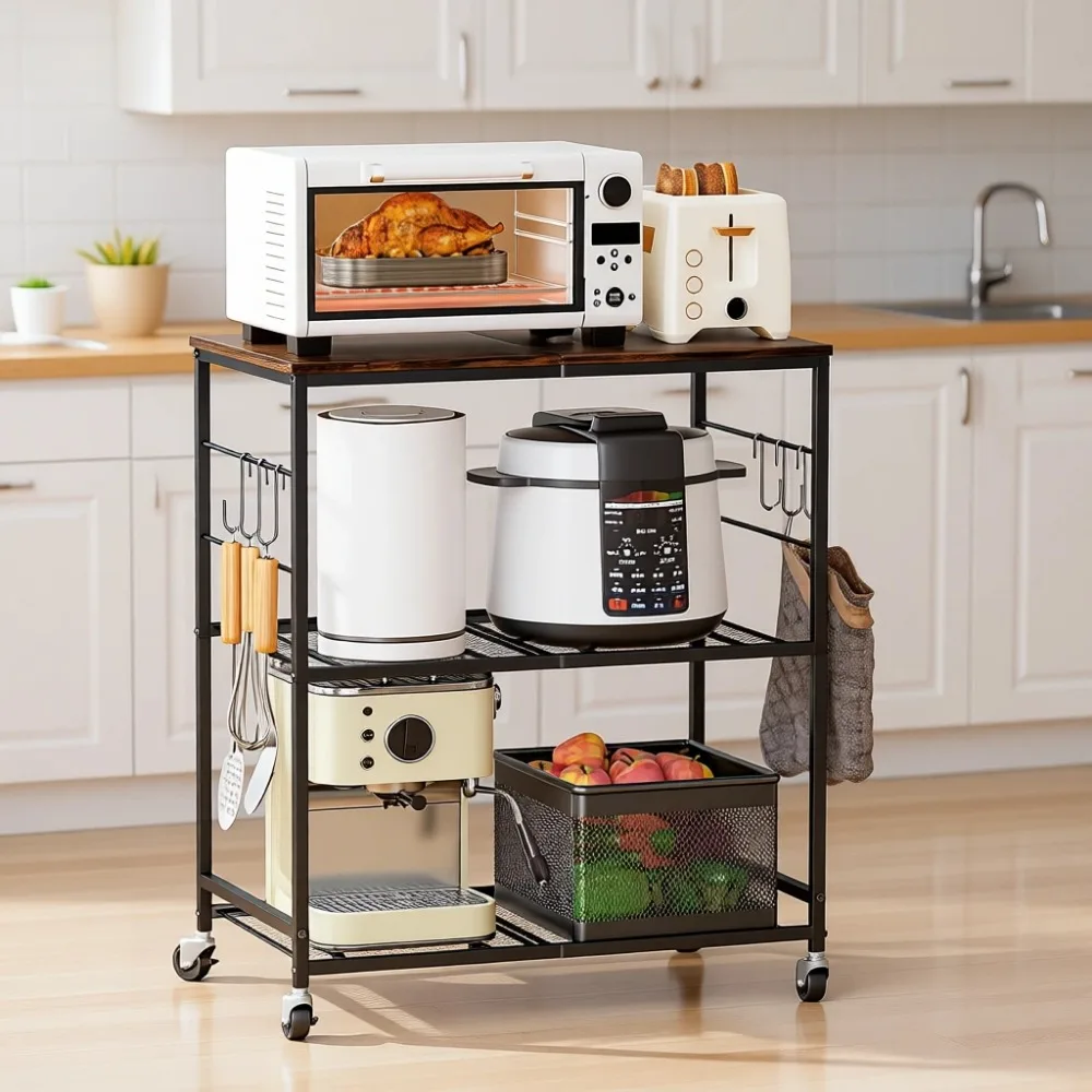 

Трехуровневая передвижная кухонная тележка с блокируемыми колесами, мобильная подставка для хранения для гостиной, офиса, балкона, ванной комнаты