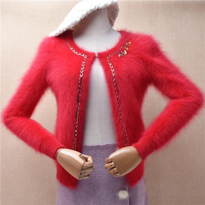 

Women Mujer Autumn Winter Red Beading Hairy Mink Cashmere Knitted Long Sleeves Short Style Crop Top Slim Cardigans Sweater Coat