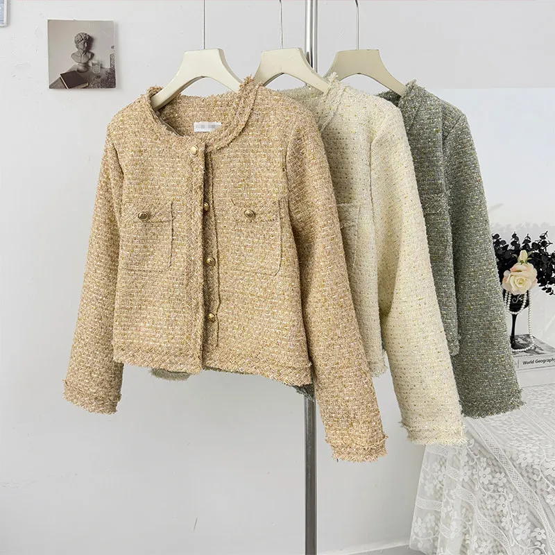 

Изысканный твидовый жакет во французском стиле с длинными рукавами, женский, весенний, новый, нишевый, элегантный, однобортный, стильный.