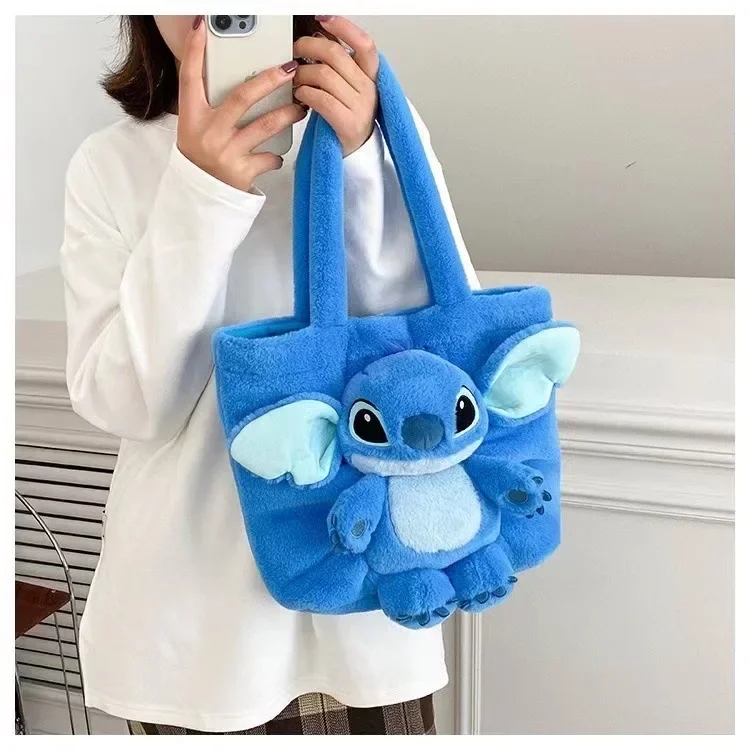 MINISO 2024 New Cartoon Plush Doll Shoulder Bag Sweet and Cute Stitch Strawberry Bear Soft Cute Girls Handbag