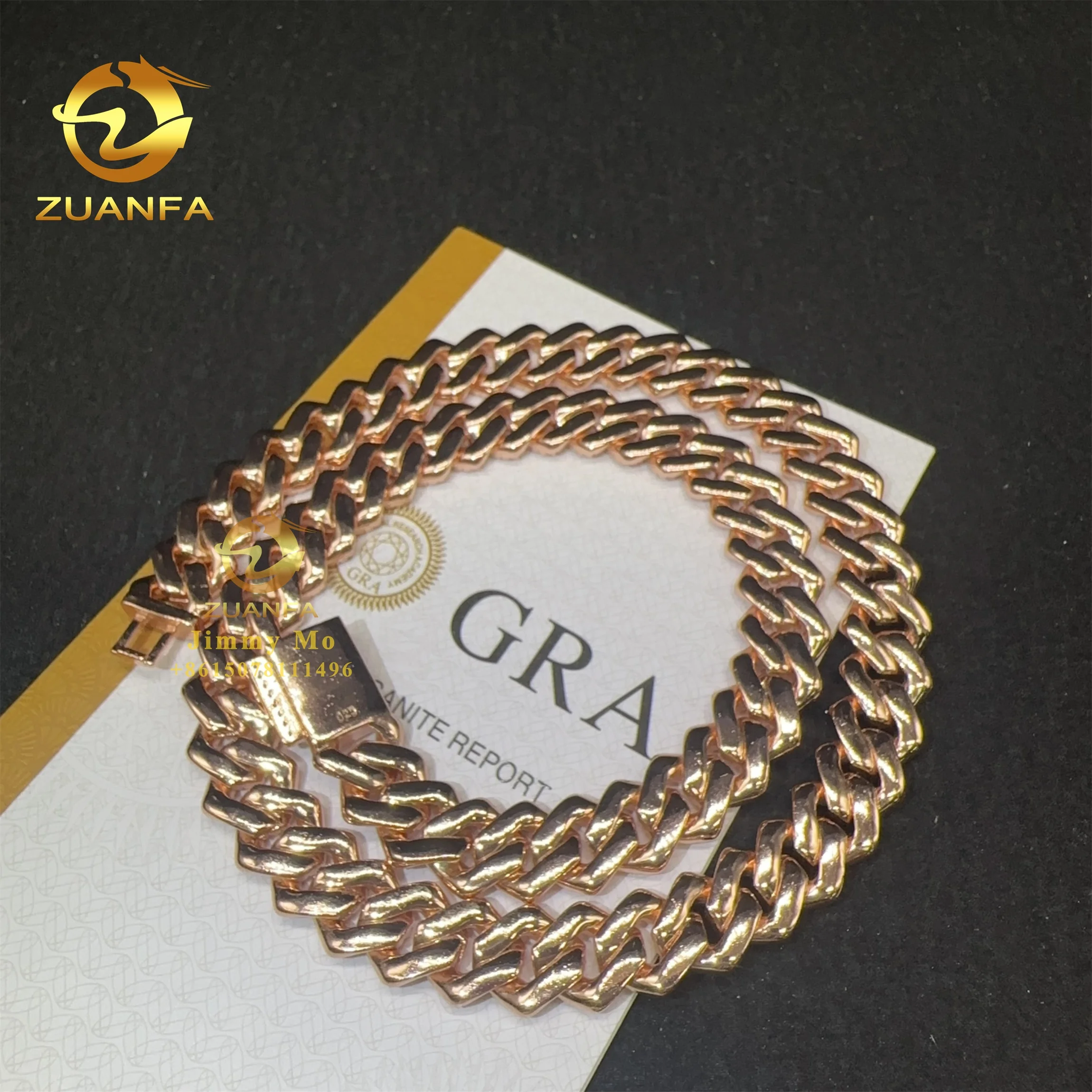 Verified GRA 14mm Rose Gold Plated 925 Solid Silver Hip Hop Luxury Jewelry Iced Out D VVS Moissanite Diamond Miami Cuban Link..