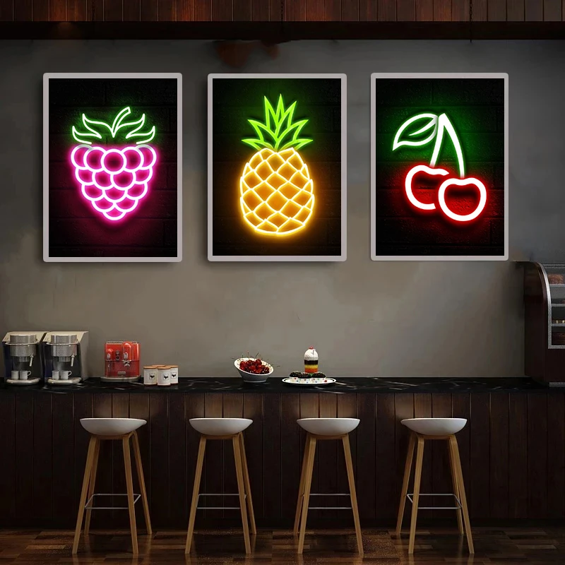 Lemon Apple Pineapple Banana Fruit Neon Sign Posters and Prints Wall Art Picture Canvas Painting for Kitchen Cartoon Home Decor