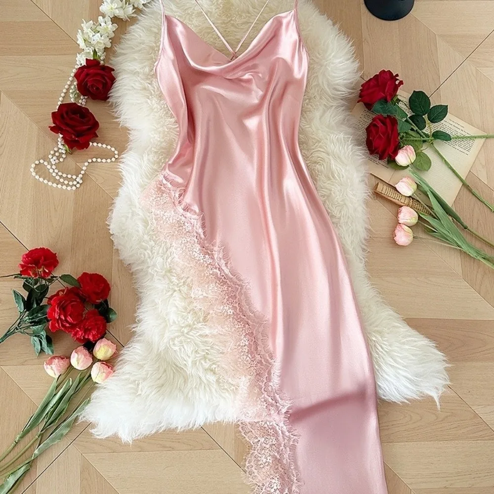 Elegant Split Women Nightgown V Neck Beauty-back Satin Silk Nightdress Spaghetti Strap Sleeveless Female Sleepwear Homewear