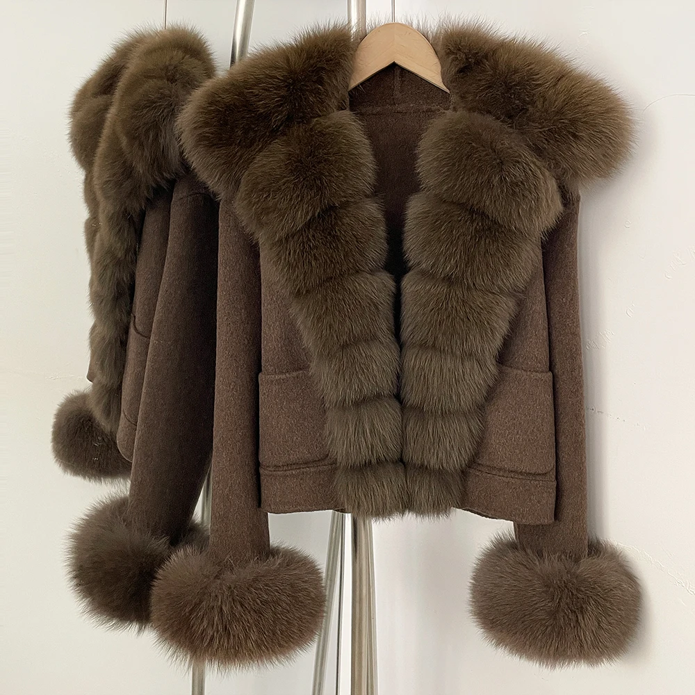 OFTBUY Wollmantel Neue Damen Kurze Doppelseitige Wolljacke mit Echten Fuchsfell-Taschen Luxuriöse Warme Wintermode-Oberbekleidung – Detail 15