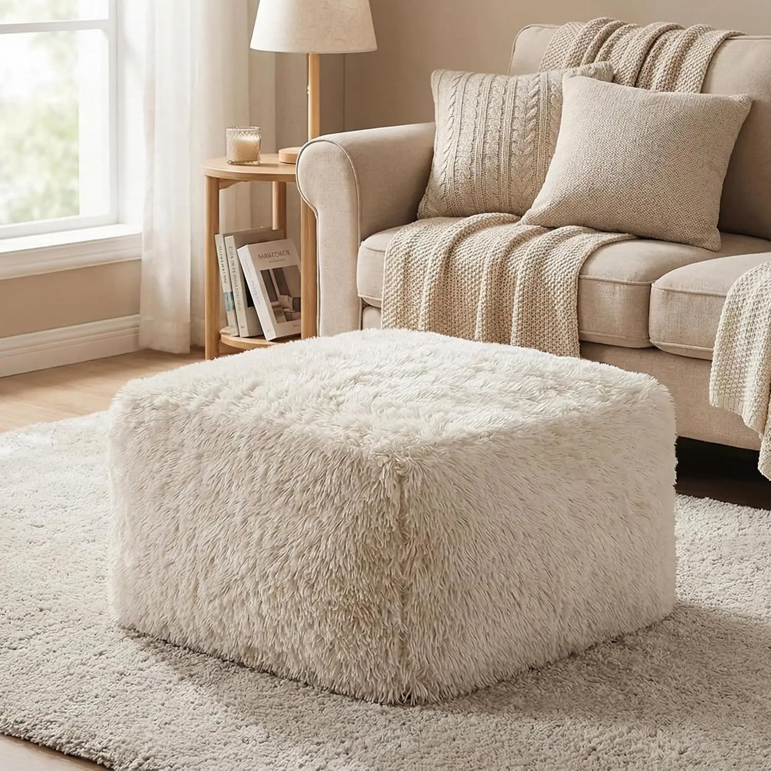 Faux Fur Modular Foam Ottoman, Compressed Sofa in Box, No Assembly, Living Room & Office, Sand, Customized