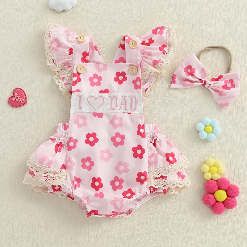 

Newborn Toddler ​Baby Girls Romper Summer Clothes Cute Floral Print Letter Embroidery Fly Sleeves Jumpsuit and Headband Set