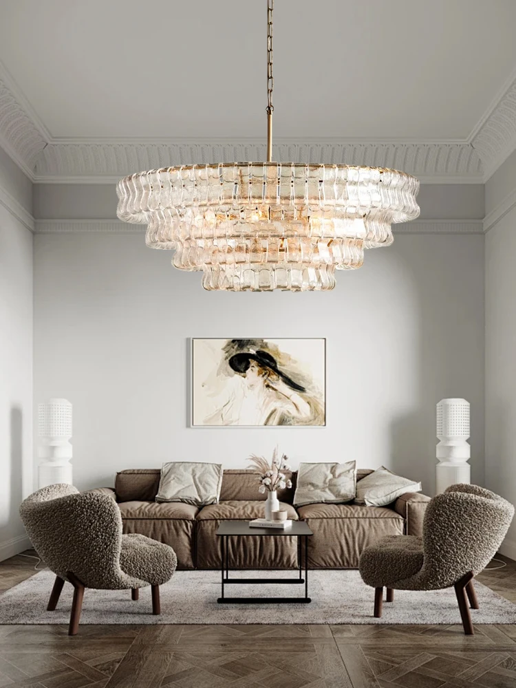 Clear Gray Glass 4-layers Pendant Light Round Big Lihgt Fixture Luxury, Dining Room Oval Gold Vintage Pendant Lamp over Table