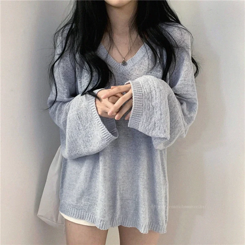 Blue V Neck Short Knit Pullover Women Spring Fall Loose Casual Long Sleeve Sweater Tops 2 Colors