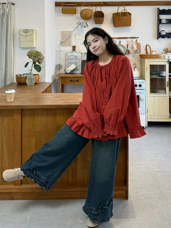 

plus Size Women's irt Sweet Sle Loose Design Ruffle Collar Tie Waist Cotton Polyester Long Sve Casual Faion