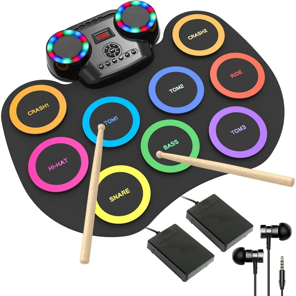 

Electronic Drum Set with LED Lights,Bluetooth Portable Electronic Drum Kit,Roll-Up Practice Drum Pad,Built-in Dual Speakers