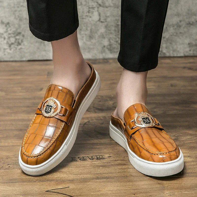 Fashion Loafers Men Shoes PU Mules Striped Embossed Pattern Flat Slip-on Half Sandals Male 2024 Casual Comfortable Leather Shoes