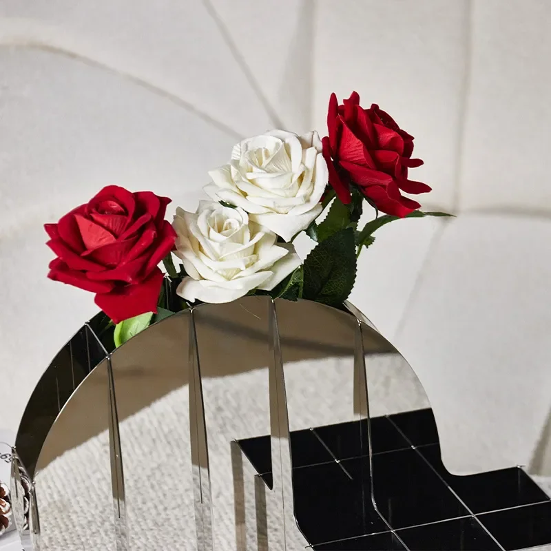 Modern Silver Stainless Steel Flower Vase Luxury Metal Decor for Living Room Dining Table Wine Cabinet Bar Soft Home Ornament