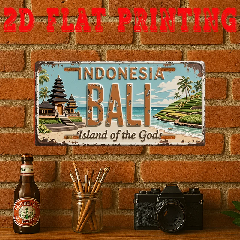 Panneau décoratif et enseigne vintage en aluminium 2D plat, 1 pièce, style Bali, art mural rétro des temples et des terrasses de riz