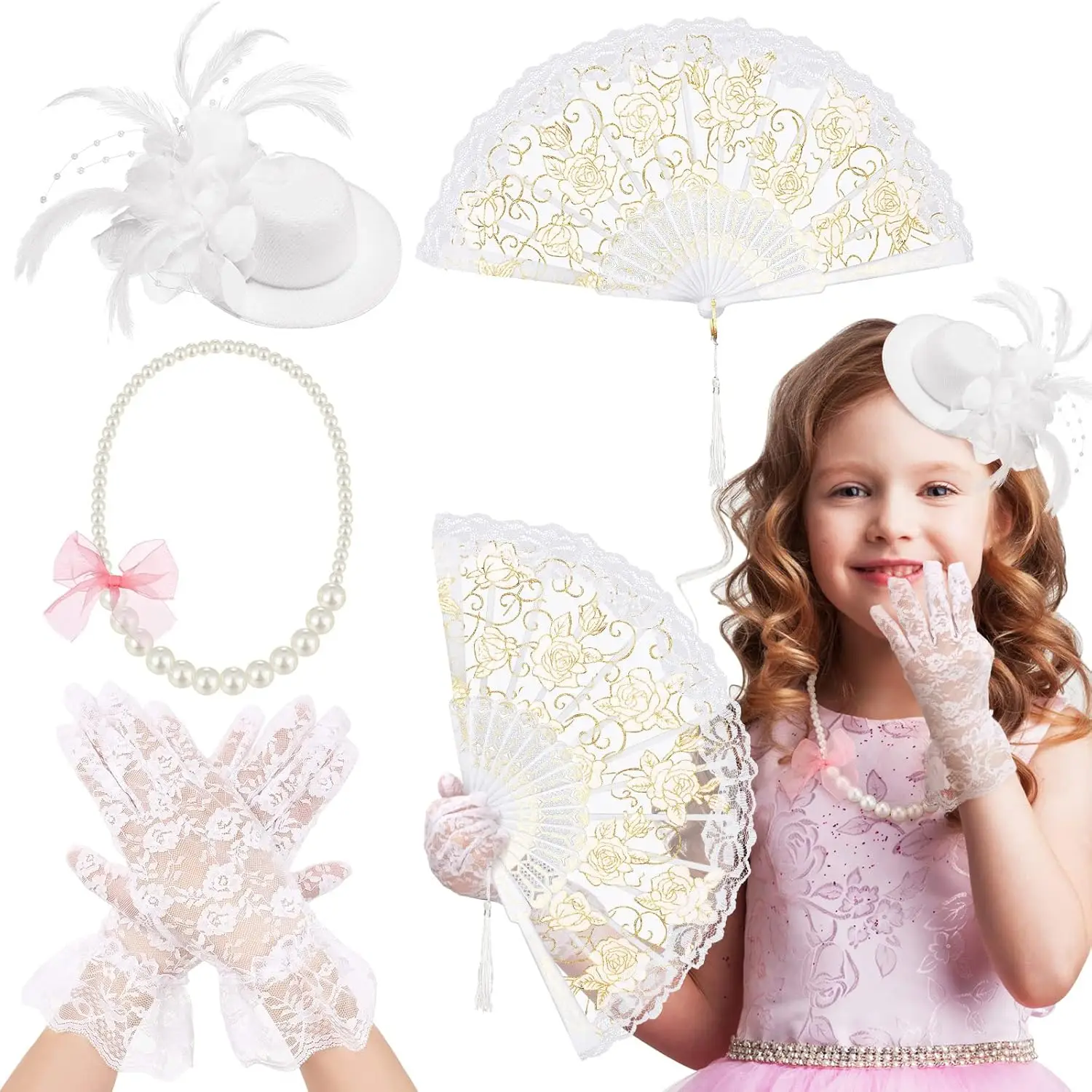 

4 Pcs Girls Tea Party Set Fascinator Hat Pearl Necklace Lace Fan Gloves Accessories