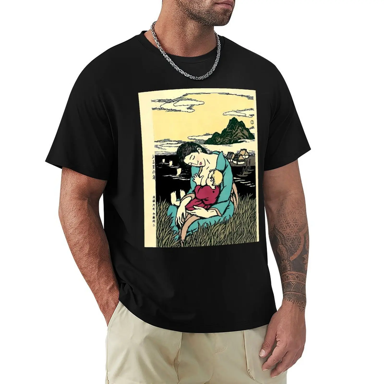 Japanese Wall Art The Sea at Home Town 1939 Takehisa Yumeji T-Shirt All Match Basic Short Sleeve Top