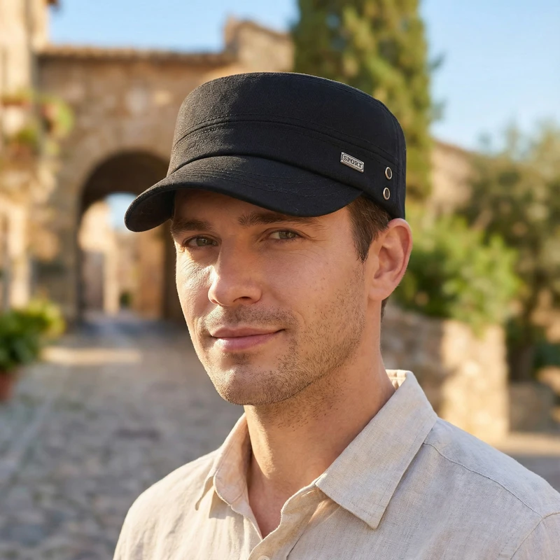 Iron Label SPORT Solid Color Flat Top Cap – Spring & Autumn Outdoor Casual Sports Embroidered Brim Sun Hat