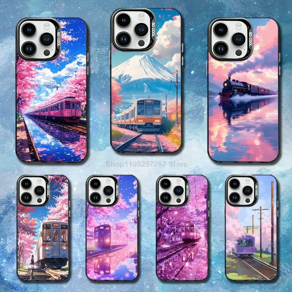 

Anime Style Cherry Train Phone For iPhone 14,17,13,12,11,16,15,Mini,Pro,SE,XS,MAX,Black Matte Silicone Cover Case