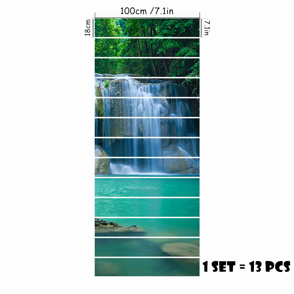Stair Riser Stickers 13Pcs 100x18cm Forest Waterfall Landscape Self Adhesive Waterproof Vinyl Decals Home Staircase Decor Mural