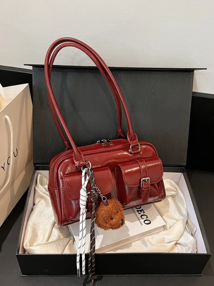 

Ankela Red Underarm Commuter Bag Women's Large Capaci 2025 New Design Single oulder Pillow Bag Daily Match Soft PU